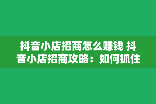 抖音小店招商怎么赚钱 抖音小店招商攻略：如何抓住短视频电商新风口赚大钱