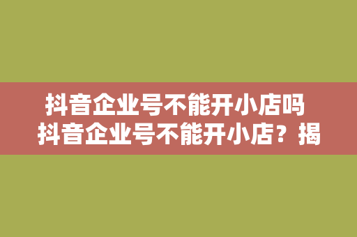 抖音企业号不能开小店吗 抖音企业号不能开小店？揭秘抖音小店功能及运营策略