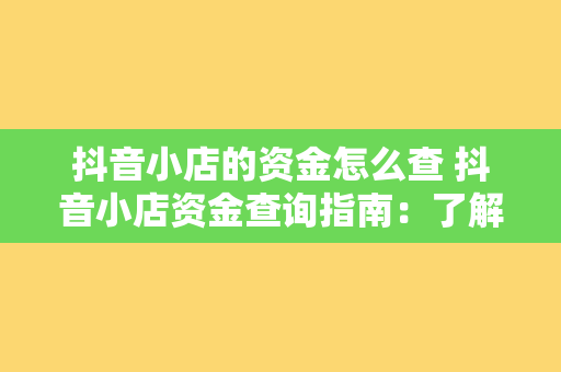 抖音小店的资金怎么查 抖音小店资金查询指南：了解您的店铺财务状况