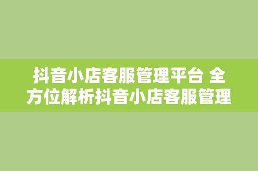 抖音小店客服管理平台 全方位解析抖音小店客服管理平台的优势与功能