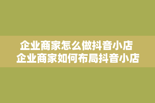 企业商家怎么做抖音小店 企业商家如何布局抖音小店：全面解析运营策略与实操指南